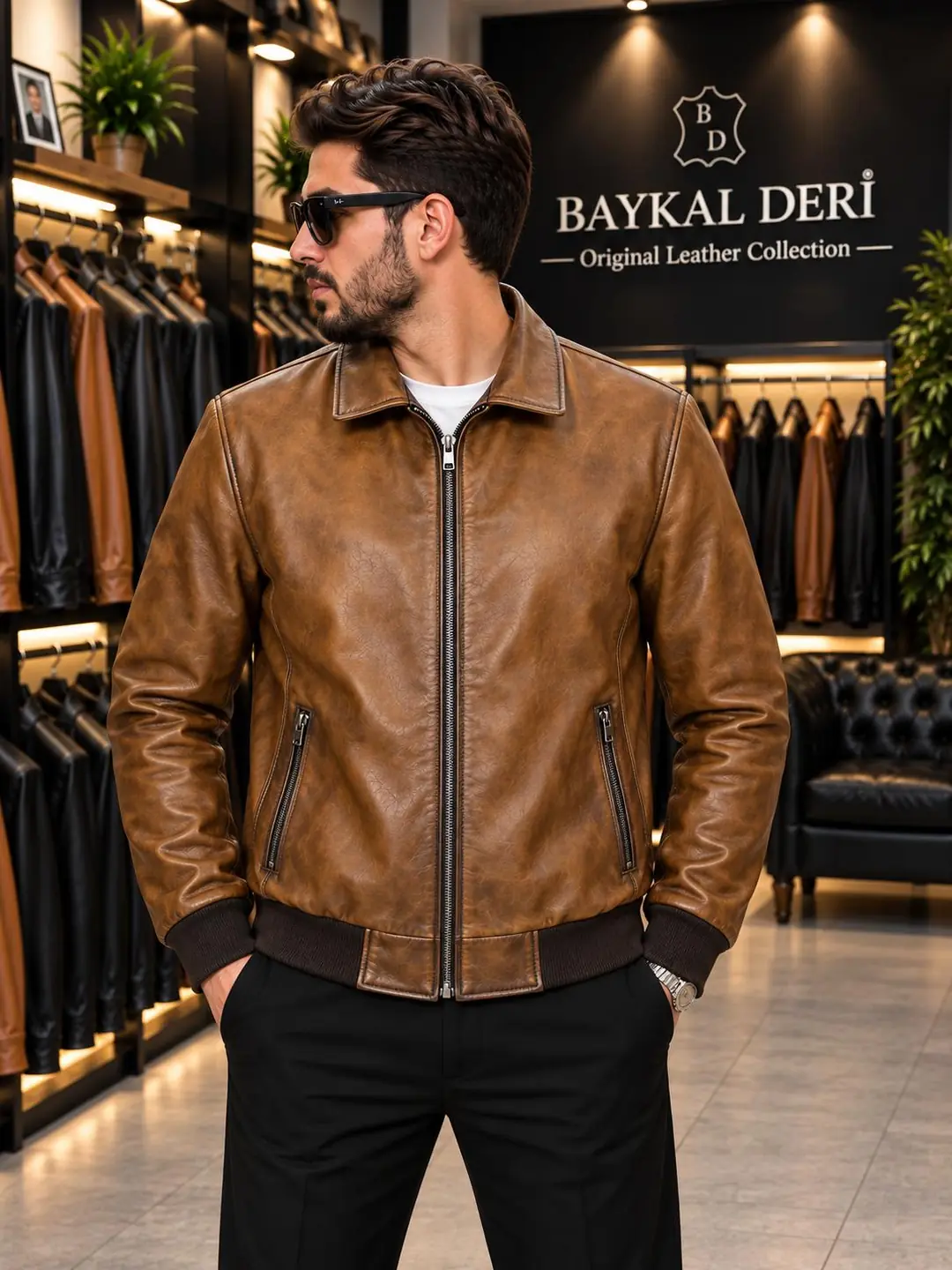 KOLEJ GÖMLEK YAKALI MODEL DERİ CEKET - TABA